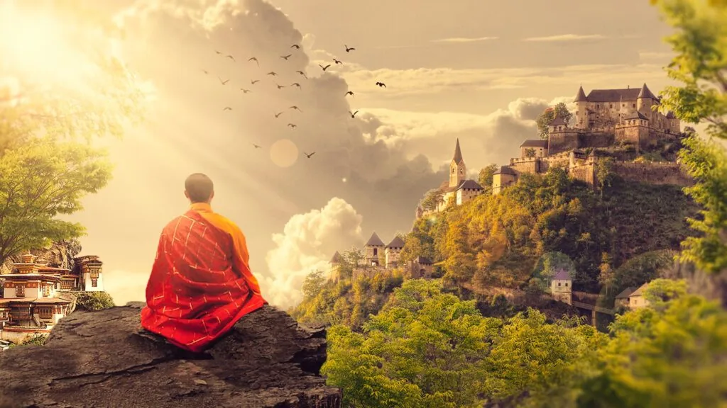 Bald figure in red robe sitting on rock overlooking castle on hilltop at sunset with birds flying overhead