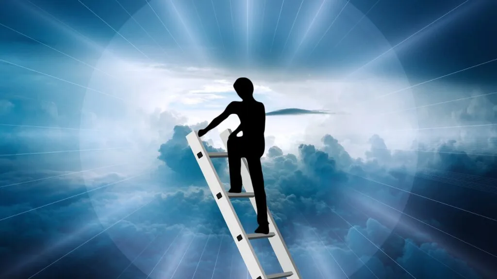 Silhouette of person climbing white ladder against bright blue sky with radiating light rays and clouds