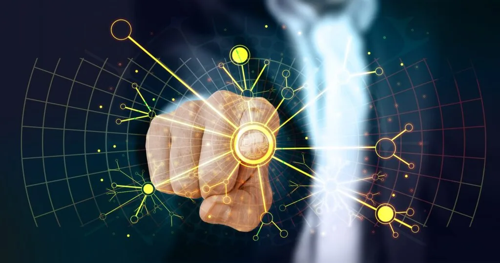 Human brain with glowing yellow network nodes and connections on a dark digital background