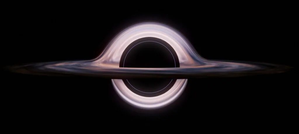 Glowing ring around a black spherical void with a flat disk extending horizontally against a black background