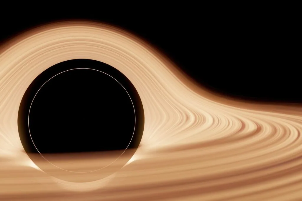 Illustration of a black hole with a swirling accretion disk of tan and brown material against a black background.