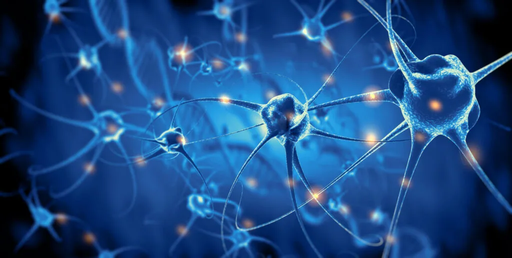 Glowing blue neural network nodes connected by illuminated pathways in a digital, scientific visualization.