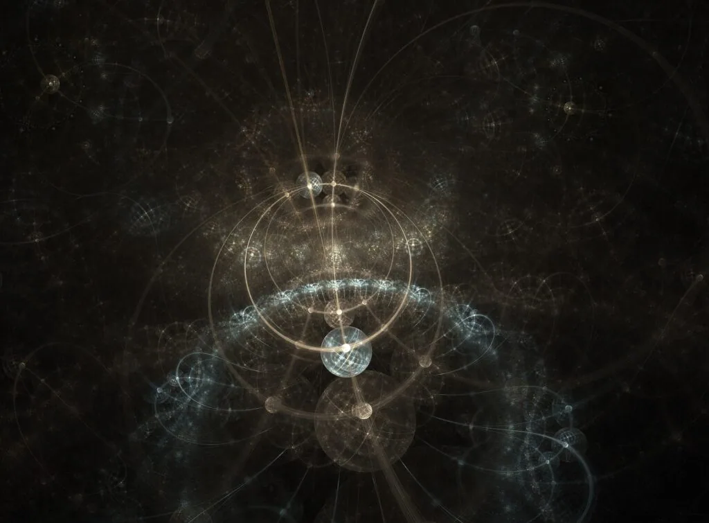 Abstract fractal design with concentric circles, geometric patterns, and golden light rays emanating from center on dark background