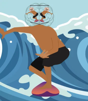 Person doing a headstand in water with a transparent head showing two figures inside, surrounded by waves